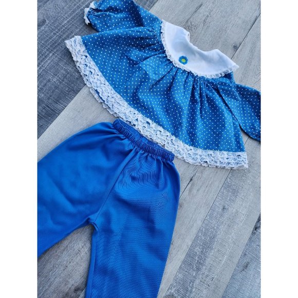 Vintage Mini World Blue Party Dress Size 6-9 Months White Lace Ruffles Bow Pants - Picture 6 of 9